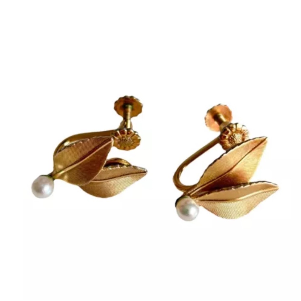 Krementz Screw Back Earrings Gold Filled Cultured Pearl Figural Leaf Signed VTG